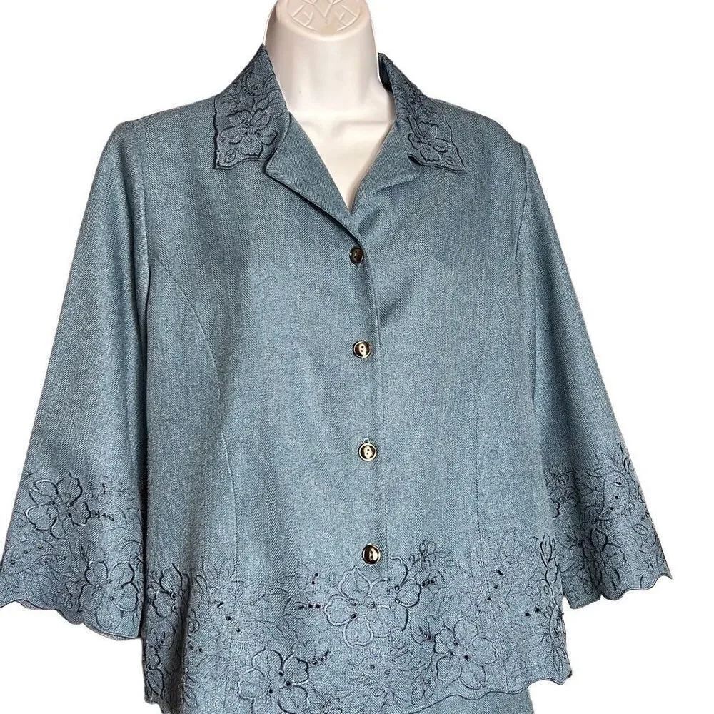 Alfred Dunner Women Petite Blazer Jacket Floral Embroidered Mallard Suit